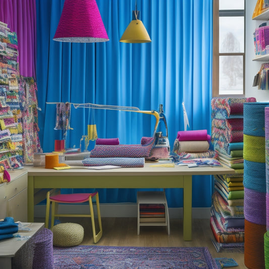 A vibrant, clutter-free workspace with rolls of colorful fabrics, scissors, threads, and sewing machines arranged artfully, surrounded by half-finished projects and inspirational design boards.