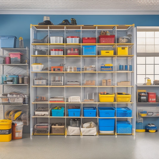 A well-organized garage with three-tiered shelving units, each level filled with labeled storage bins, tools hung from pegboards, and a sleek, silver ladder leaning against the wall.