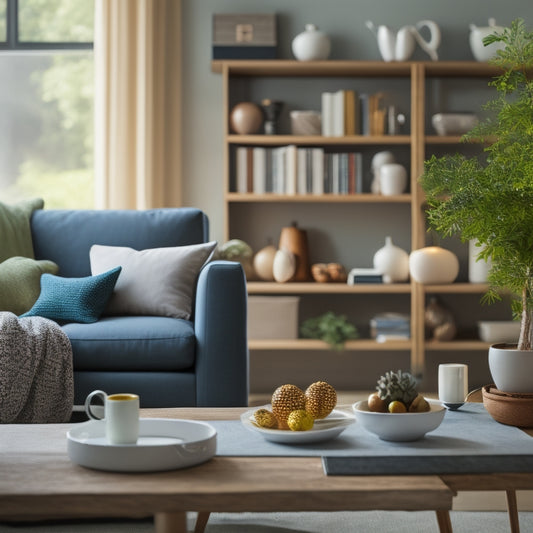 A serene, bright living room with a neatly organized bookshelf, a minimalist coffee table, and a few carefully placed decorative objects, surrounded by a subtle, calming background.