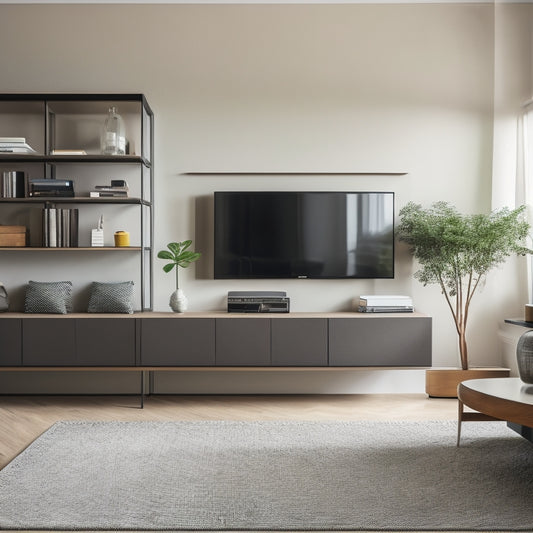 A modern living room with sleek, wall-mounted shelves, a hidden TV console, and a minimalist coffee table with built-in storage, surrounded by a clutter-free, neutral-colored interior.