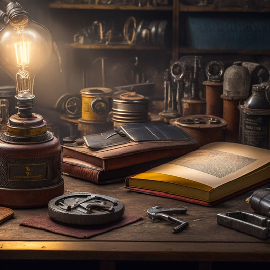 A worn, leather-bound book lies open on a cluttered workbench, surrounded by scattered tools and car parts, with a vintage car's engine visible in the background, illuminated by a single, warm light bulb.