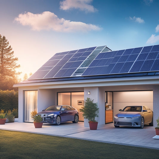 An illustration of a modern home with solar panels on the roof, a battery system installed in the garage, and a dashboard displaying energy storage and usage data on a tablet.