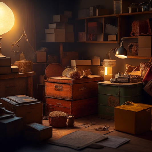 A dimly lit, cluttered room with piles of old boxes, dusty trinkets, and tangled cords, contrasting with a single, serene, empty shelf in the background, illuminated by a warm, golden light.
