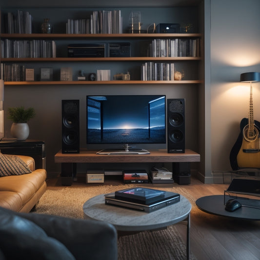 A modern living room with a sleek, minimalist desk, a laptop, and a few sleek external hard drives, surrounded by scattered CDs, DVDs, and VHS tapes, with a subtle glow of digital files on the laptop screen.