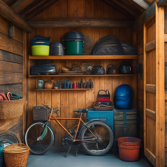 A rustic wooden shed with open doors, revealing neatly organized outdoor gear such as bicycles, helmets, and camping equipment on sturdy, rustic wooden shelves with metal brackets.
