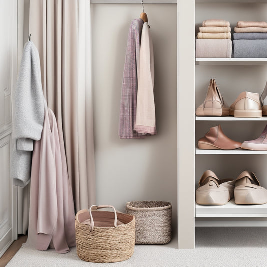 A clutter-free, minimalist closet with a few carefully curated items: a few dresses on slim velvet hangers, a pair of sleek ankle boots on a shelf, and a small woven basket overflowing with soft pastel-hued scarves.