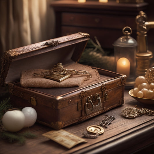 A warm, golden-lit scene featuring a beautifully crafted, vintage-inspired wooden trunk overflowing with cherished mementos, including faded photographs, antique keys, and delicate lace.