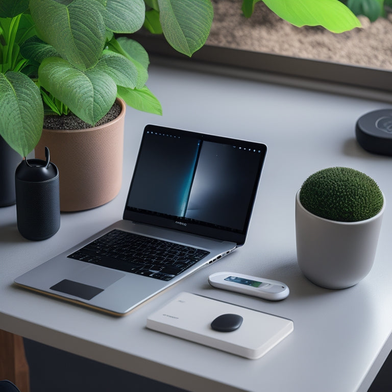 A minimalist desk with a sleek laptop, a small potted plant, and a few neatly arranged essential tools, including a wireless charging pad, a portable SSD, and a noise-cancelling headphone.