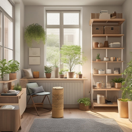 A minimalist, Scandinavian-style room with a murphy bed, foldable desk, and multi-tiered shelving unit, featuring woven baskets, stacked crates, and a few potted plants on a compact balcony.