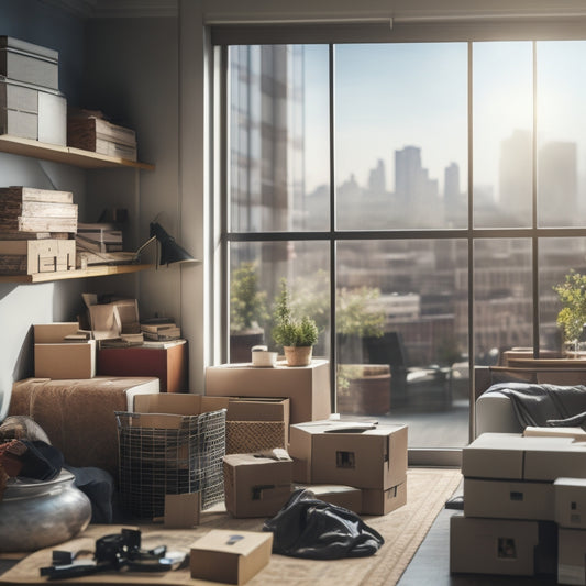 A cluttered room with boxes and furniture overflowing, contrasted with a tidy storage unit in the background, filled with organized boxes and a few pieces of furniture, with a subtle cityscape outside the unit's window.