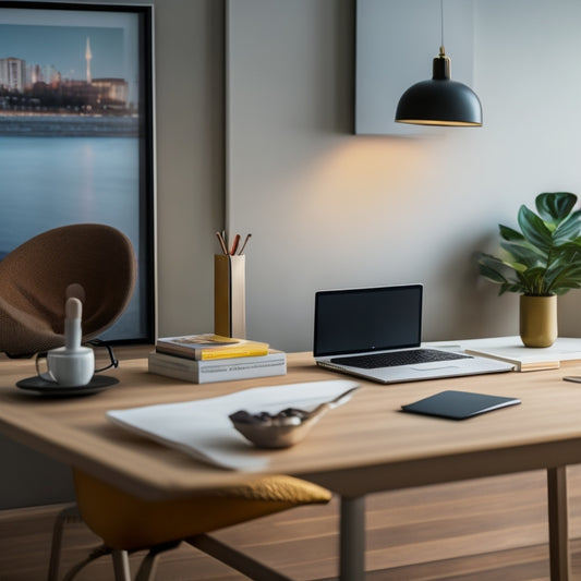 A modern, minimalist desk with a sleek laptop and a few neatly arranged furniture brochures, surrounded by a subtle background of blurred furniture pieces and gentle, warm lighting.