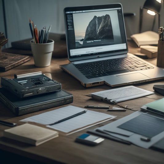 A cluttered desk with scattered papers, broken pencils, and an open, old laptop with a low battery icon, next to a tidy, modern tablet with a organized digital file folder on its screen.
