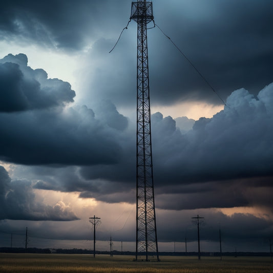 A dramatic, high-contrast image of a telescopic mast standing tall amidst a turbulent stormy sky, with lightning illuminating the dark clouds, and strong winds whipping flags and guy wires.