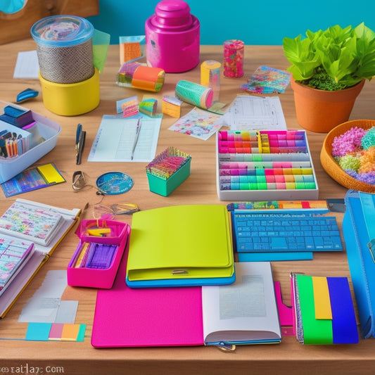 A colorful, sprawling desk scene featuring a mix of open and closed planners, organizers, and journals in various sizes, shapes, and colors, surrounded by pens, stickers, and washi tape.