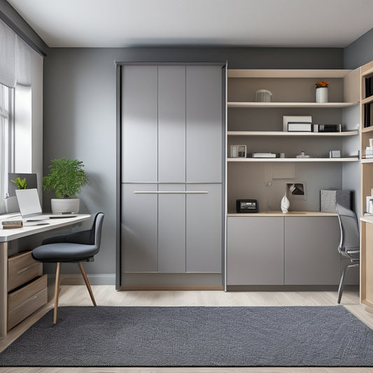 A clutter-free, modern studio apartment with a murphy bed, a compact desk with built-in shelving, and a sleek, space-saving cabinet with sliding doors, set against a calming, light-gray background.