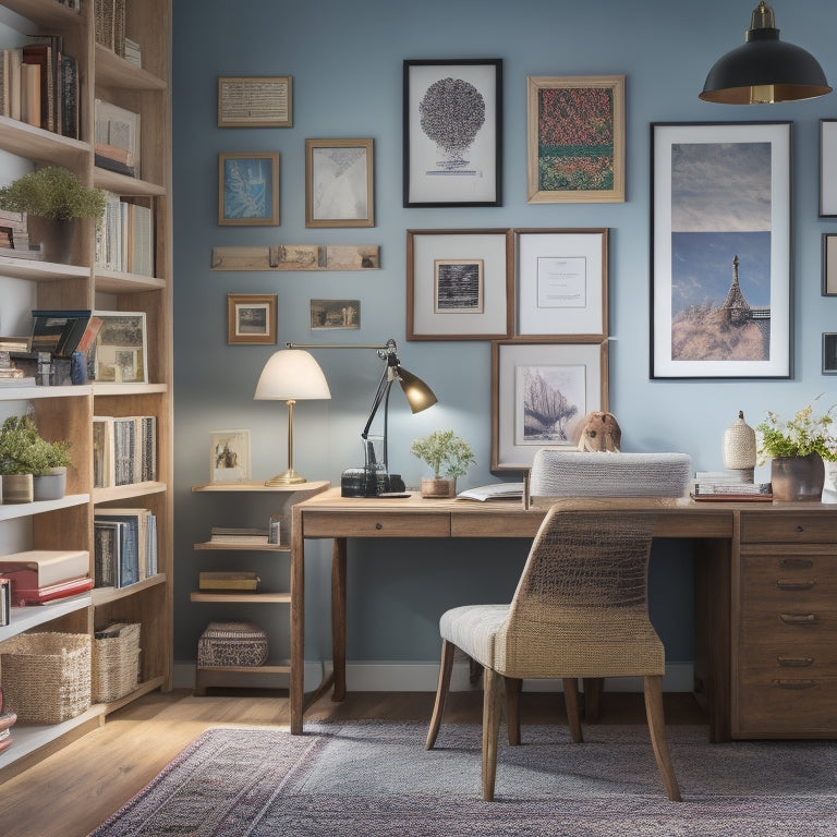 A tidy, well-lit home office with a desk, chair, and floating shelves, featuring a tablet and smartphone displaying organizational apps, surrounded by colorful folders, calendars, and a few framed family photos.