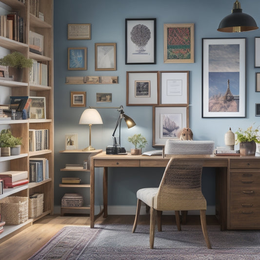 A tidy, well-lit home office with a desk, chair, and floating shelves, featuring a tablet and smartphone displaying organizational apps, surrounded by colorful folders, calendars, and a few framed family photos.