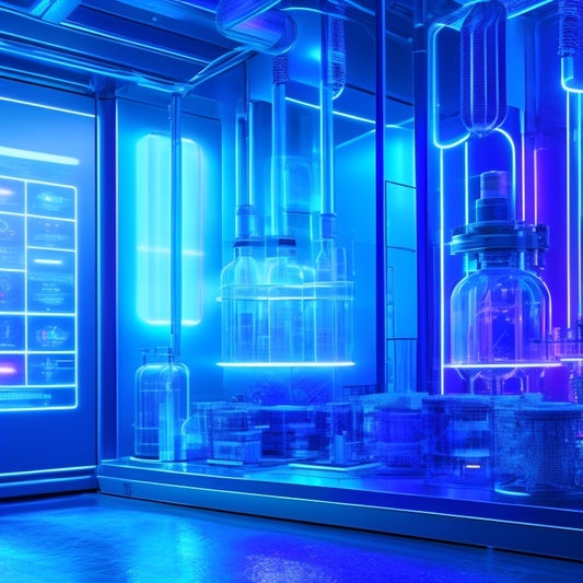 A futuristic laboratory scene with sleek, silver machinery, glowing blue circuits, and transparent tubes filled with pulsing, iridescent liquids, surrounded by holographic graphs and 3D models.