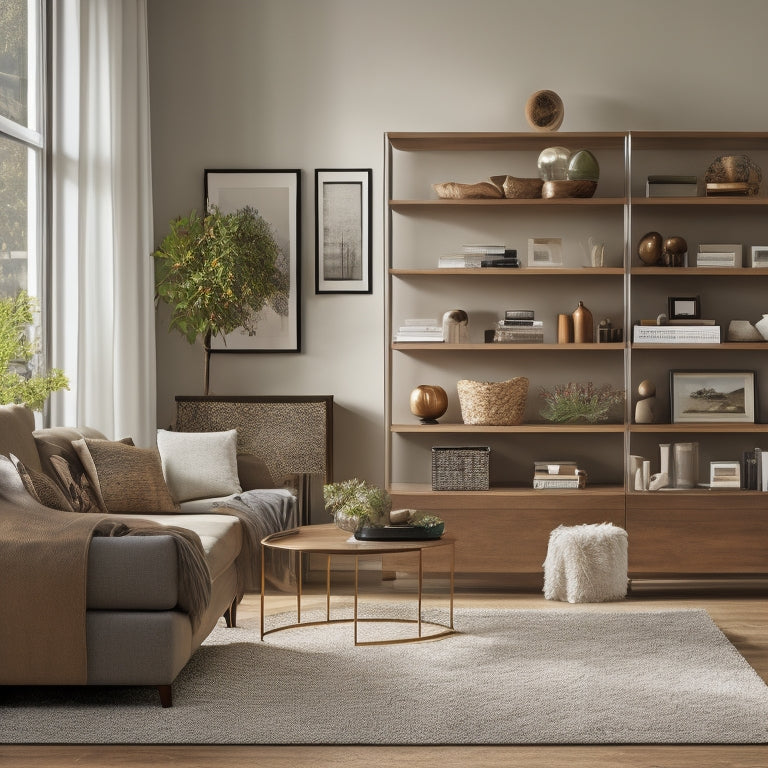 A serene, modern living room with sleek, floor-to-ceiling custom shelving units in a warm wood tone, holding neatly arranged books, decorative vases, and a few carefully placed framed photos.