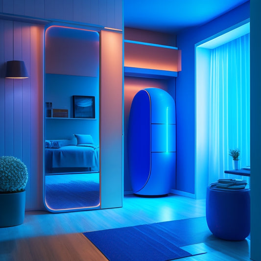 A futuristic, sleek, and compact storage pod with a glowing blue LED strip, surrounded by clutter-free floors and walls, with a few minimalist furniture pieces in the background.