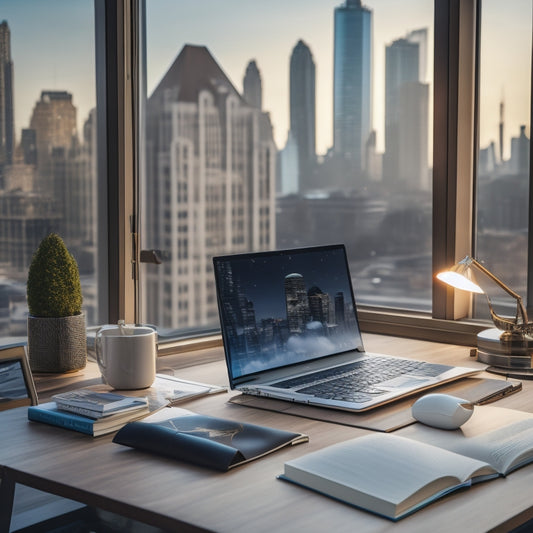 A professional, modern office desk with a sleek laptop, a leather-bound book, and a stack of organized papers, surrounded by a subtle cityscape background with blurred skyscrapers.