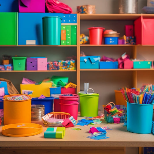 A colorful, cluttered workspace with plain storage bins, rolls of vibrant wrapping paper, scissors, glue, and a few decorated bins in the background, with a few loose strips of paper scattered around.