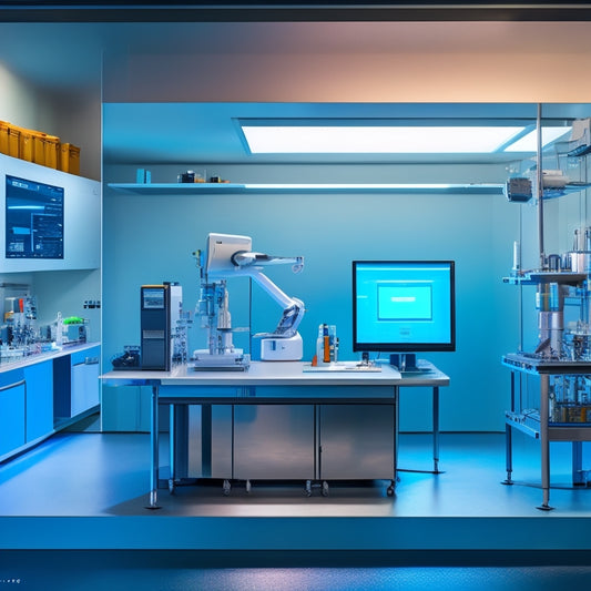 A futuristic laboratory setting with sleek equipment and a central workstation featuring a CILS durable label on a metal surface, with a robotic arm applying a label in the background.