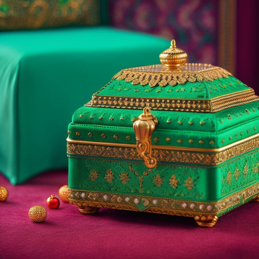 An intricately patterned, ornate Moroccan-inspired box with a hinged lid, adorned with brass fixtures, sitting atop a plush, emerald green velvet cloth, surrounded by scattered, colorful tassels and ornamental beads.