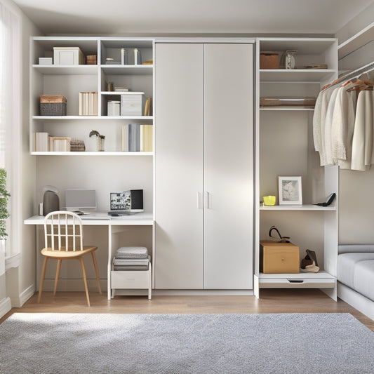 A tidy, minimalist interior with a Murphy bed, foldable desk, and ottoman storage, surrounded by neatly organized shelves and a compact, space-saving closet organizer system.