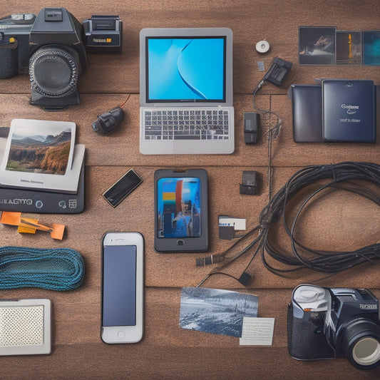 A collage of various digital devices (laptop, tablet, smartphone) surrounded by scattered digital camera memory cards, cables, and a few Polaroid photos, with a subtle background of a calming, organized digital folder structure.