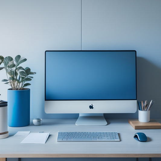 A minimalist desktop with a sleek laptop, a tidy cable management system, and a few carefully labeled folders on a wooden desk, surrounded by a subtle gradient of calming blues and whites.