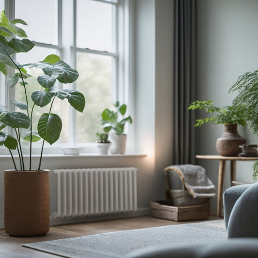A serene, minimalist living room with natural light pouring in, featuring a few carefully curated decorative items, a small potted plant, and a single, empty shelf, surrounded by a subtle glow.