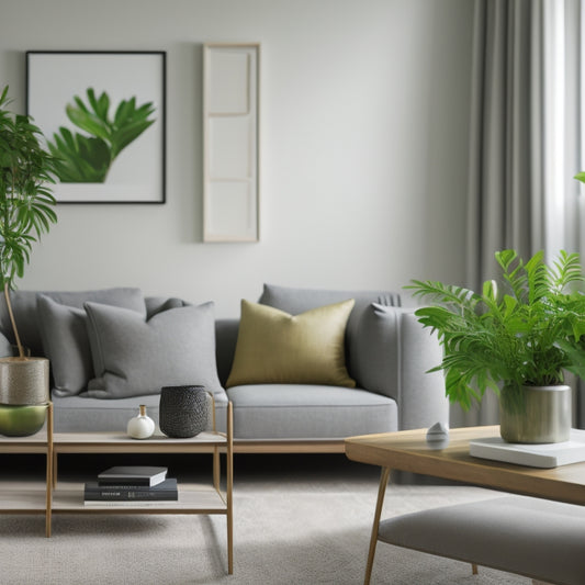 A serene, minimalist living room with a few, carefully-placed decorative items, a tidy bookshelf, and a small, lush green plant on a sleek, low-profile coffee table.