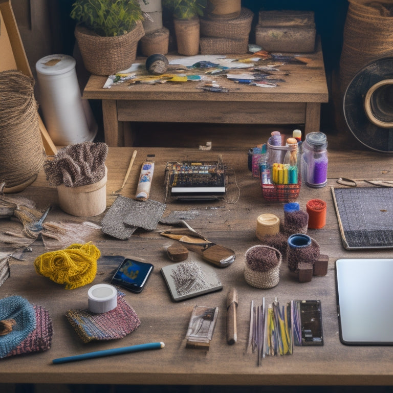 A cluttered craft room with scattered paper scraps, threads, and paintbrushes, surrounded by digital devices: a tablet with a stylus, a laptop with a design program open, and a smartphone with a craft app.