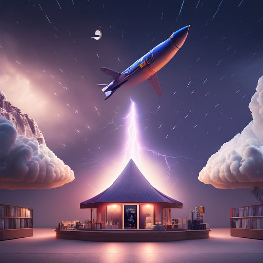 An illustration of a WooCommerce storefront with a rocket ship blasting off in the background, connected to a giant Amazon S3 bucket by a flowing stream of 1s and 0s, surrounded by clouds and lightning bolts.