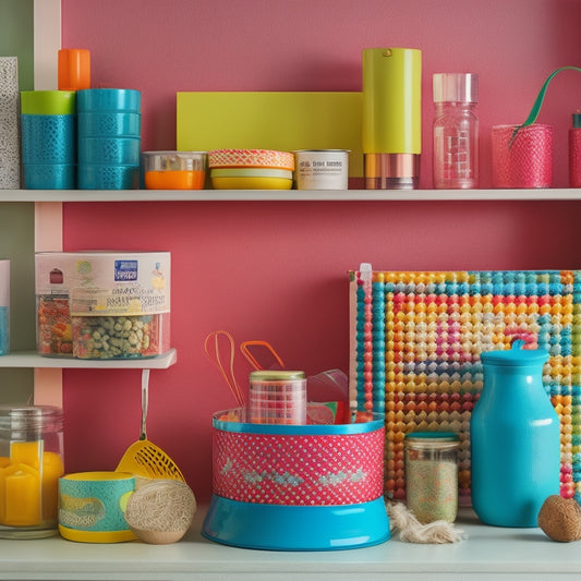 A colorful, clutter-free shelf displaying a curated assortment of dollar store items, including a vibrant kitchen utensil set, a stack of patterned storage bins, and a pyramid of scented candles.