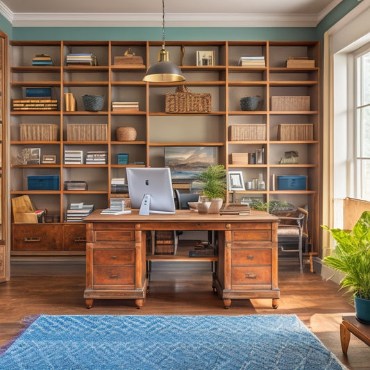 A tidy home office with a reclaimed wood desk, surrounded by customized storage solutions: woven baskets, geometric shelving units, and a floor-to-ceiling bookcase with sliding ladder.