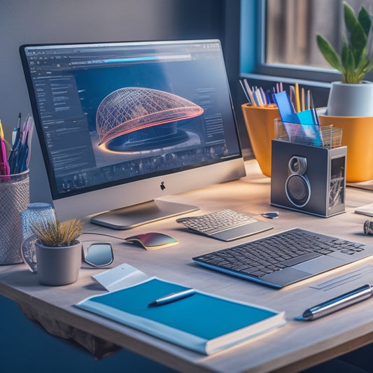 A futuristic desk with a sleek, silver laptop and a vibrant, colorful, and intricately designed mind map unfolding from the screen, surrounded by neatly organized sticky notes and pens.