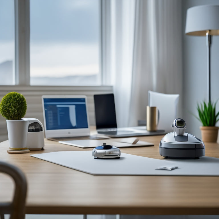 A minimalist desk with a sleek laptop, a tidy corkboard with color-coded notes, and a small robot vacuum in the corner, surrounded by a blurred background of a organized living room.