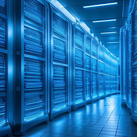 A futuristic data center with rows of sleek, silver servers, glowing blue LED lights, and a massive, curved screen displaying a complex network diagram in the background.