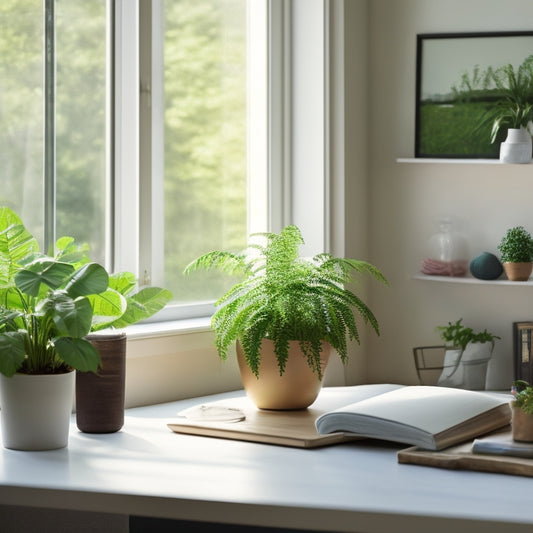 A serene, clutter-free room with a minimalist desk, a few strategically placed storage bins, and a lush green plant, bathed in warm, natural light pouring through a nearby window.