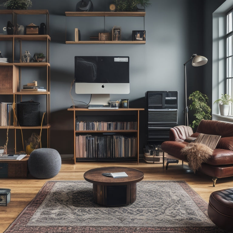 A clutter-free living room with a sleek laptop and a few organized cords on a minimalist desk, contrasting with a messy background of stacked boxes, dusty CDs, and tangled wires.