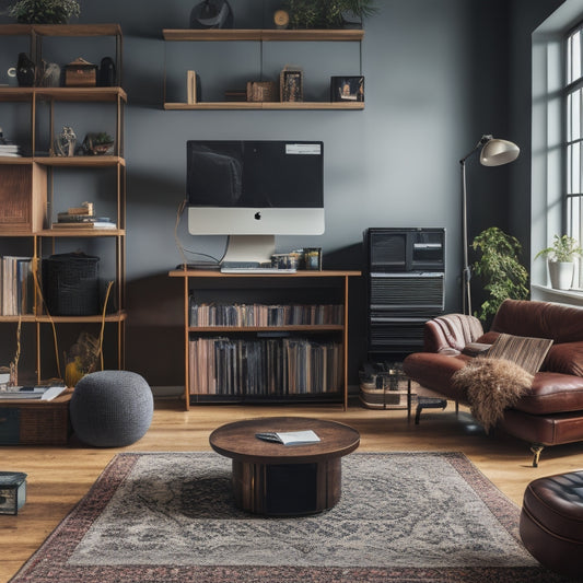 A clutter-free living room with a sleek laptop and a few organized cords on a minimalist desk, contrasting with a messy background of stacked boxes, dusty CDs, and tangled wires.