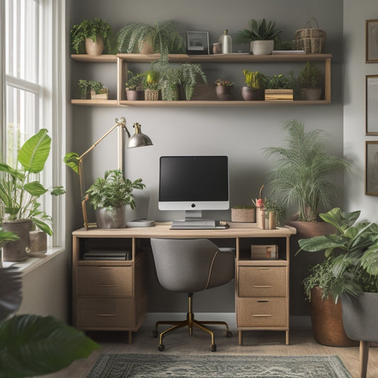 A serene, well-lit home office with a tidy desk, a few organized file folders, and a sleek storage cabinet in the background, surrounded by a few potted plants.