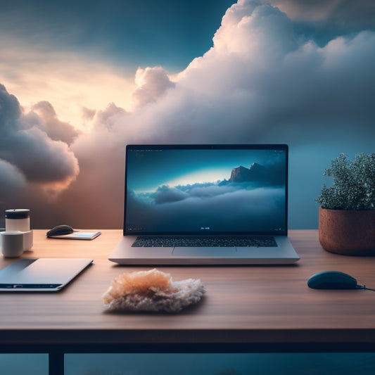A futuristic, minimalist desk with a sleek laptop, earbuds, and a few scattered notes, surrounded by blurred, swirling clouds of 1s and 0s, conveying a sense of digital organization and productivity.