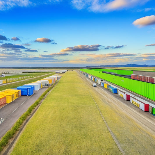 A sprawling landscape of neatly arranged, colorful self-storage units, with SiteLink's logo subtly integrated into the architecture, surrounded by a fleet of moving trucks and satisfied customers in the distance.