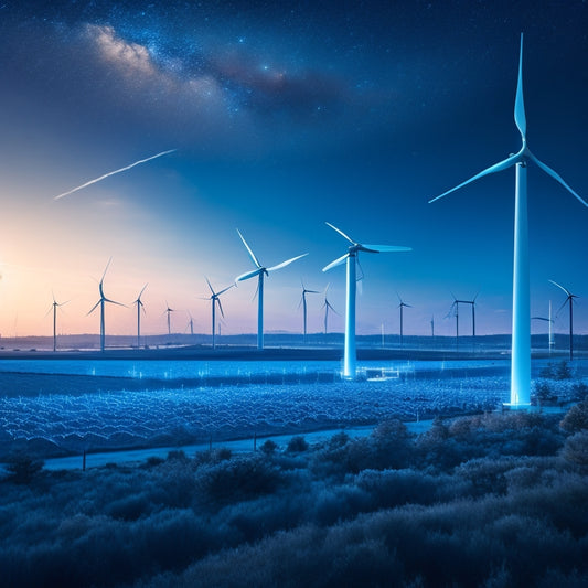 An illustration of a futuristic American landscape with sleek, modern wind turbines and solar panels scattered across the country, interconnected by glowing blue energy lines and humming with vibrant, pulsing lights.