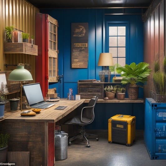 A shipping container with open doors, surrounded by various design elements like paint swatches, stencils, and decorative items, with a laptop and MOD worksheet on a nearby table.