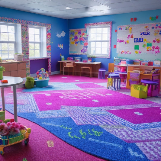 A vibrant, clutter-free classroom with colorful math-inspired decorations, including a geometric-patterned rug, a "math garden" with numbered flowers, and a chalkboard wall with illustrated math problems.