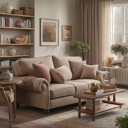 A serene, well-lit senior's living room with a minimalistic, beige-colored sectional sofa, a few, carefully-placed throw pillows, and a simple, wooden coffee table with a single, leather-bound book.